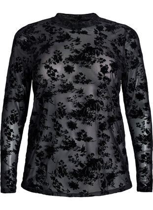 Zizzi Bluse i mesh med blomster-mønster, Svart, Packshot image number 0