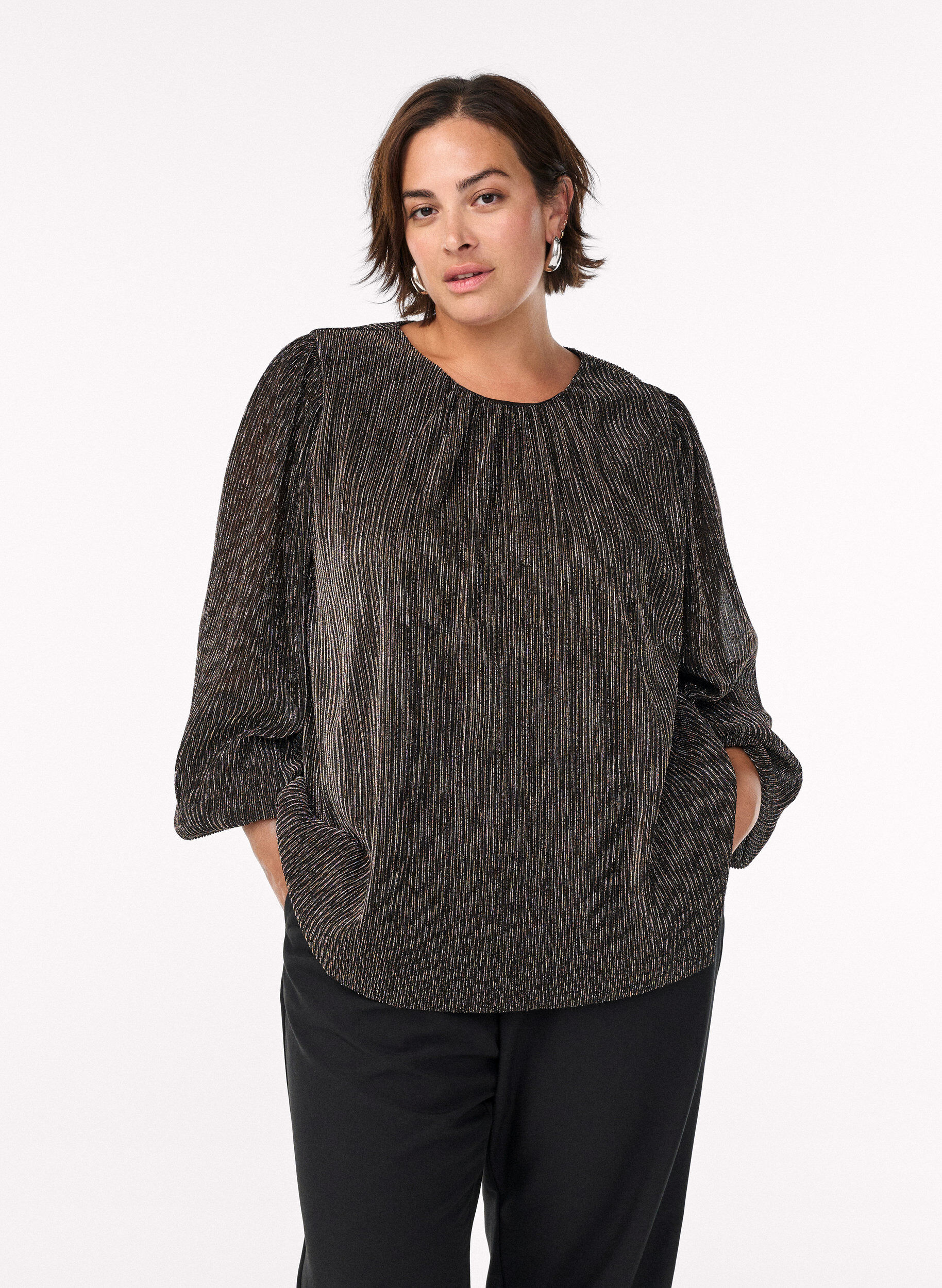 Festbluse med glitterstriper og lange ermer, Svart, Model