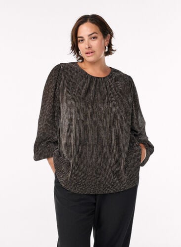 Zizzi Festbluse med glitterstriper og lange ermer, Svart, Model image number 0