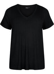 T-skjorte i viskose med ribb og V-hals, Black