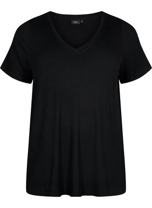 T-skjorte i viskose med ribb og V-hals, Black, Packshot image number 0