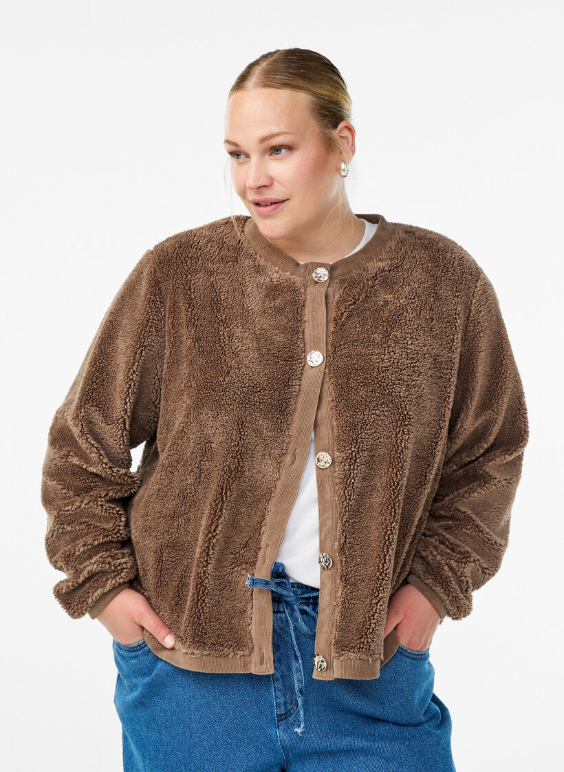 Teddy cardigan med pyntede knapper, Brun, Model image number 0