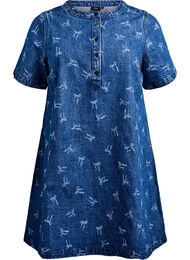 Kort denimkjole med A-linje snitt og sløyfemønster, Dark Blue Denim Bow