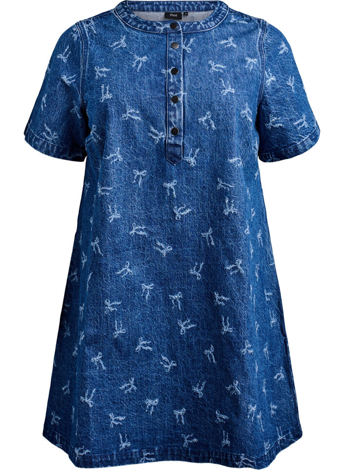 Kort denimkjole med A-linje snitt og sløyfemønster, Dark Blue Denim Bow, Packshot