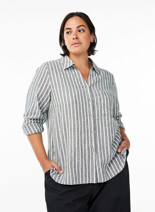 Zizzi Skjorte i lin og viskose med 3/4 ermer, Grønn, Model image number 0