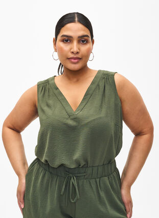 Zizzi Ermeløs overdel med rynkedetaljer, Grønn, Model image number 0