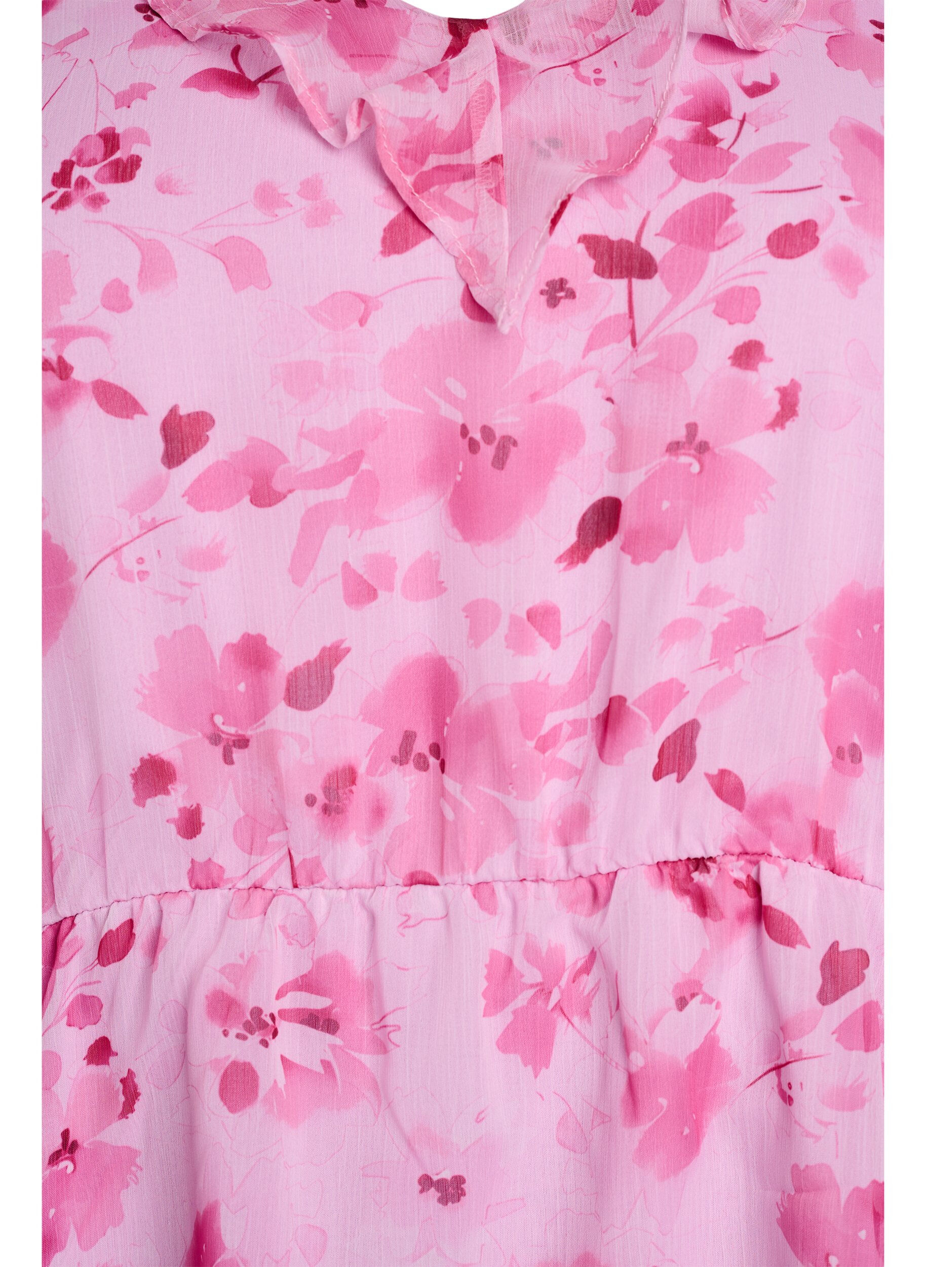 ZizziBlomstret bluse med volangkrage og peplumeffekt, Rosa, Packshot image number 2