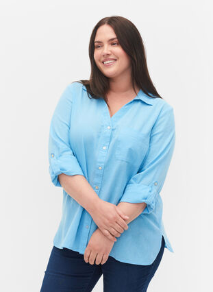 Bluse med 3/4-ermer og knapper, Alaskan Blue, Model image number 2