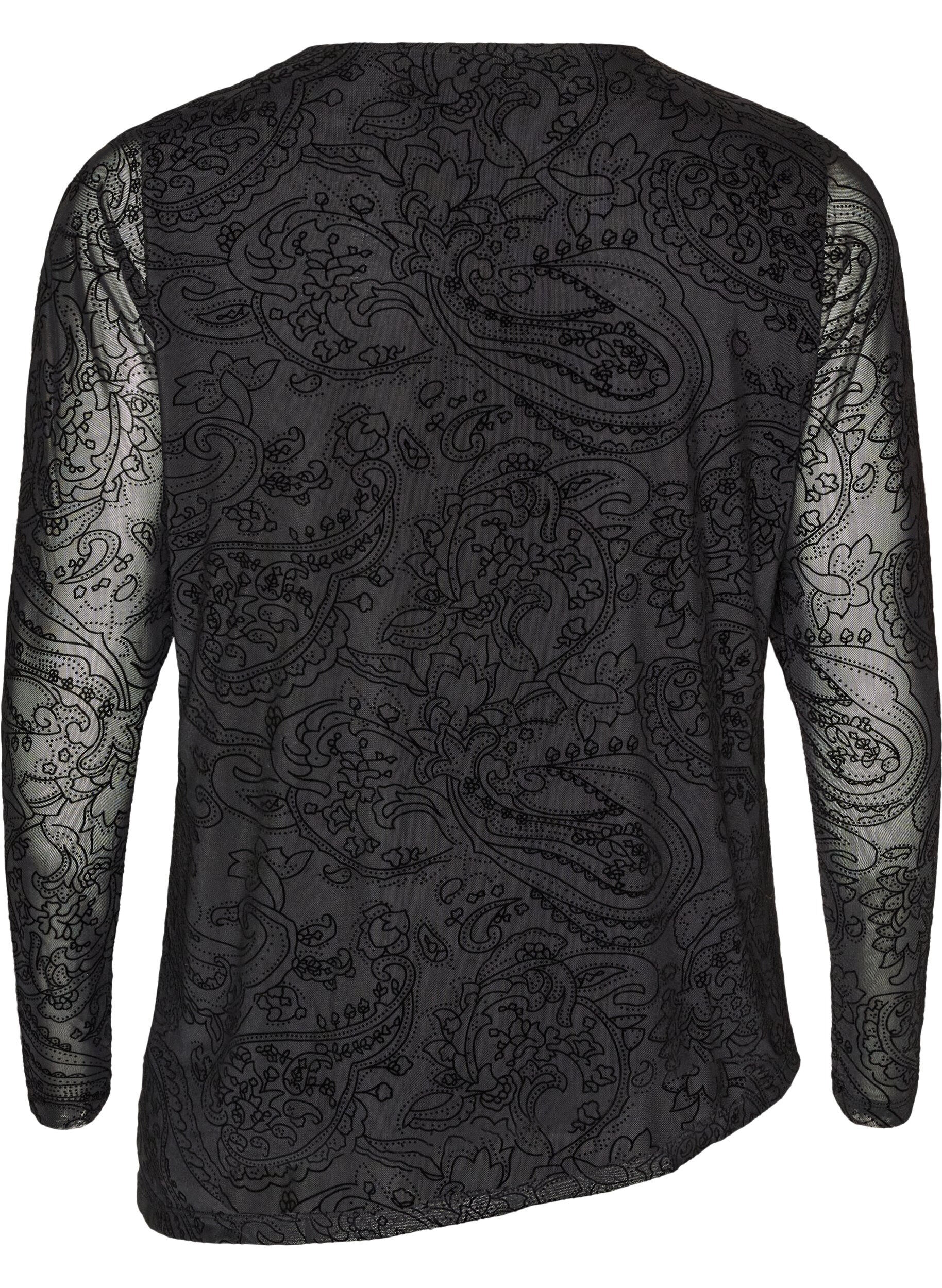 ZizziMeshbluse med paisleytrykk og asymmetrisk kant, Svart, Packshot image number 1
