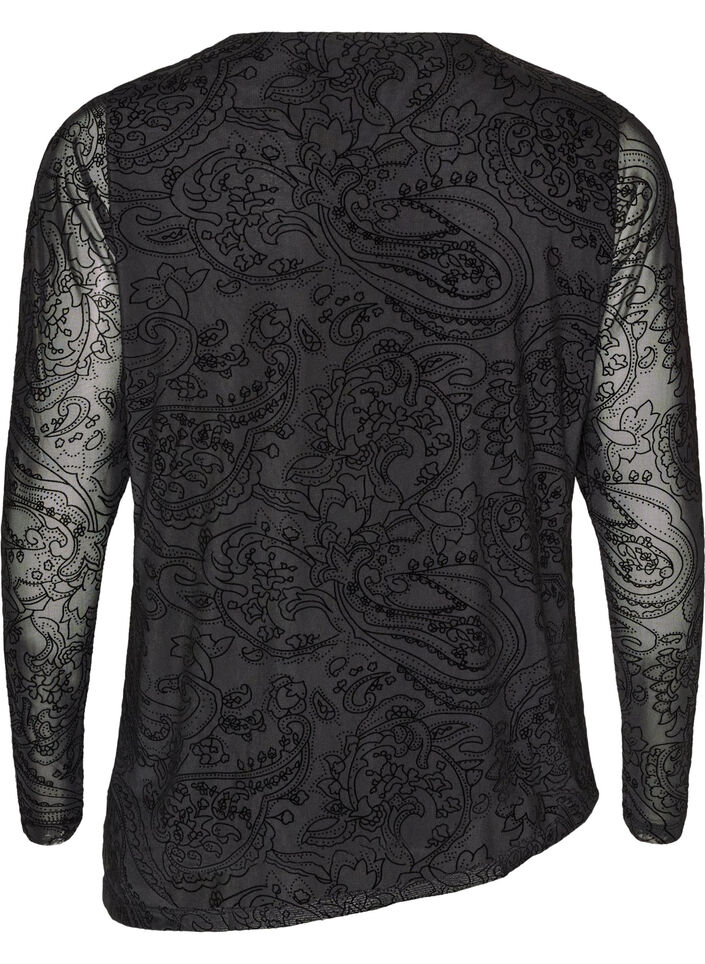 Meshbluse med paisleytrykk og asymmetrisk kant, Svart, Packshot image number 1