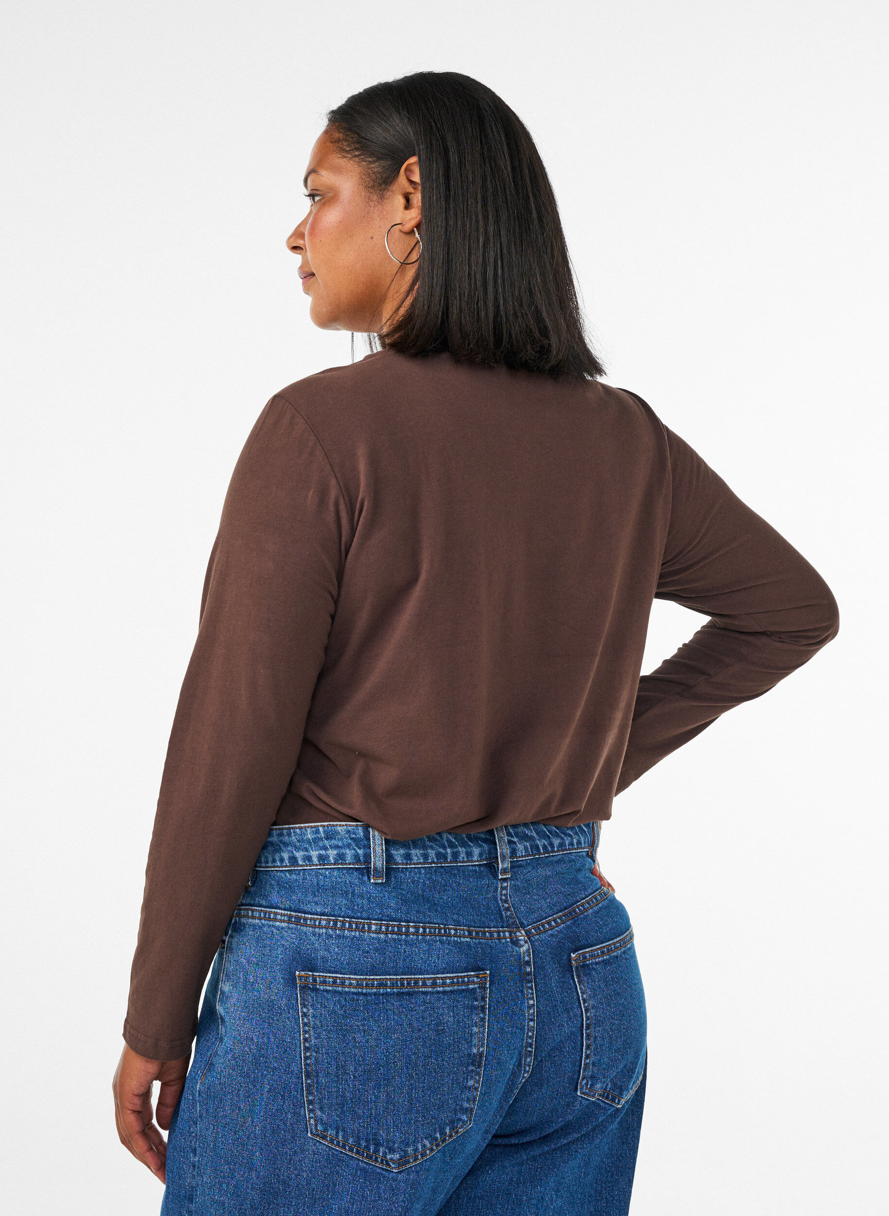 ZizziBasis jersey bluse med lange ermer, Brun, Model image number 2