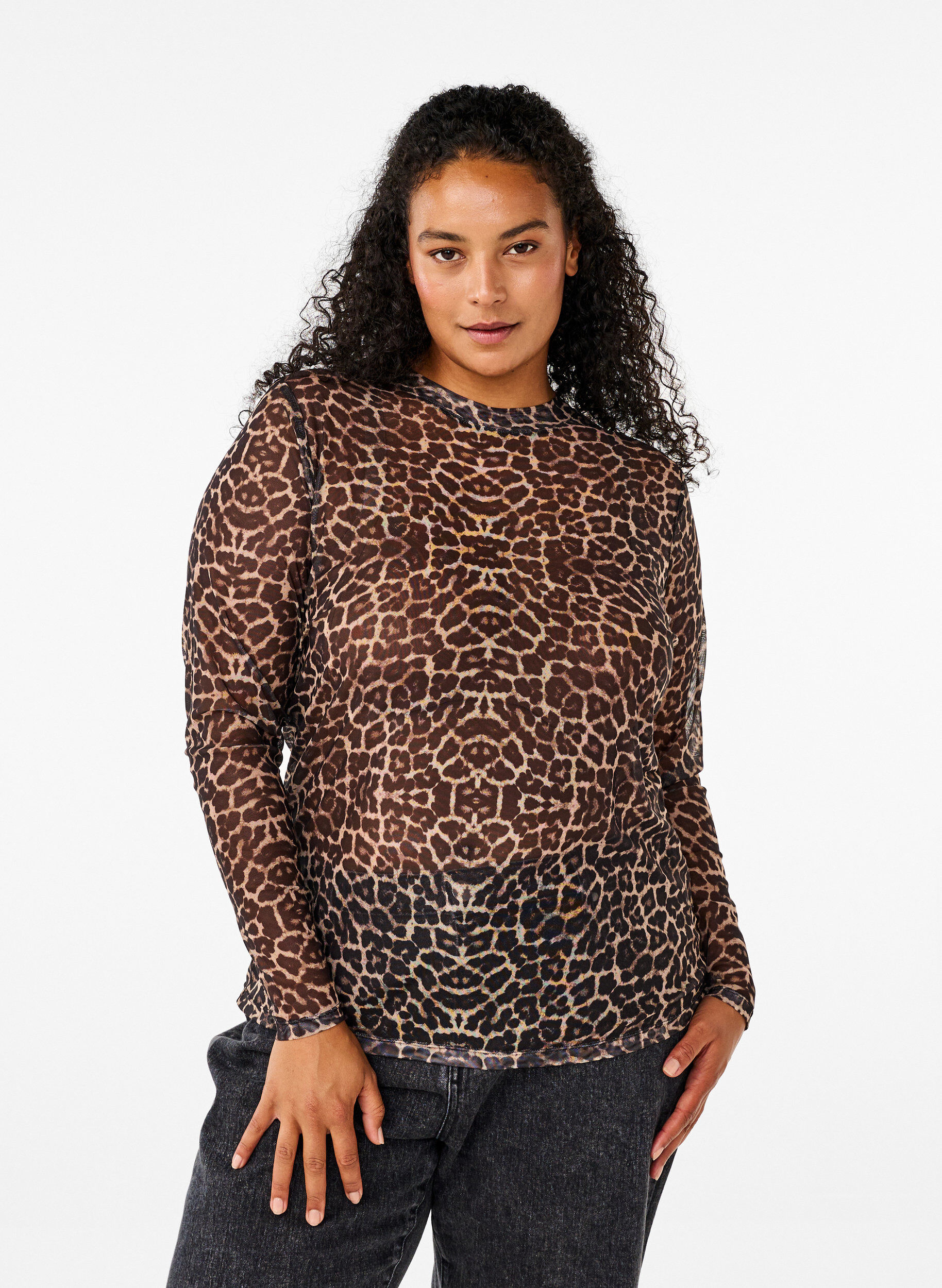 Zizzi Bluse i mesh med leopardm&oslash;nster, Brun, Model image number 0
