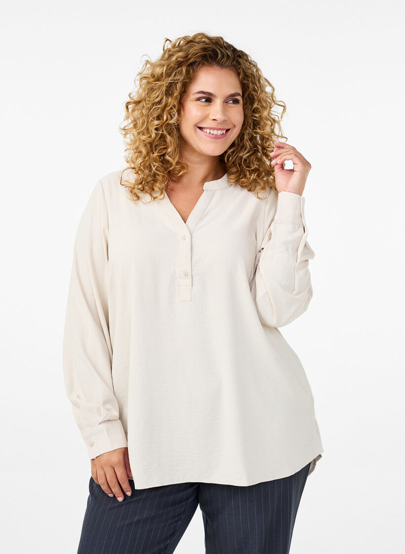 FLASH - Skjortebluse med lange ermer, Beige, Model image number 0