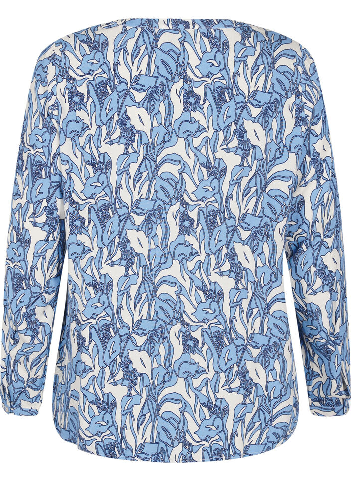 Langermet bluse med blomsterprint og V-hals, Vanilje, Packshot image number 1