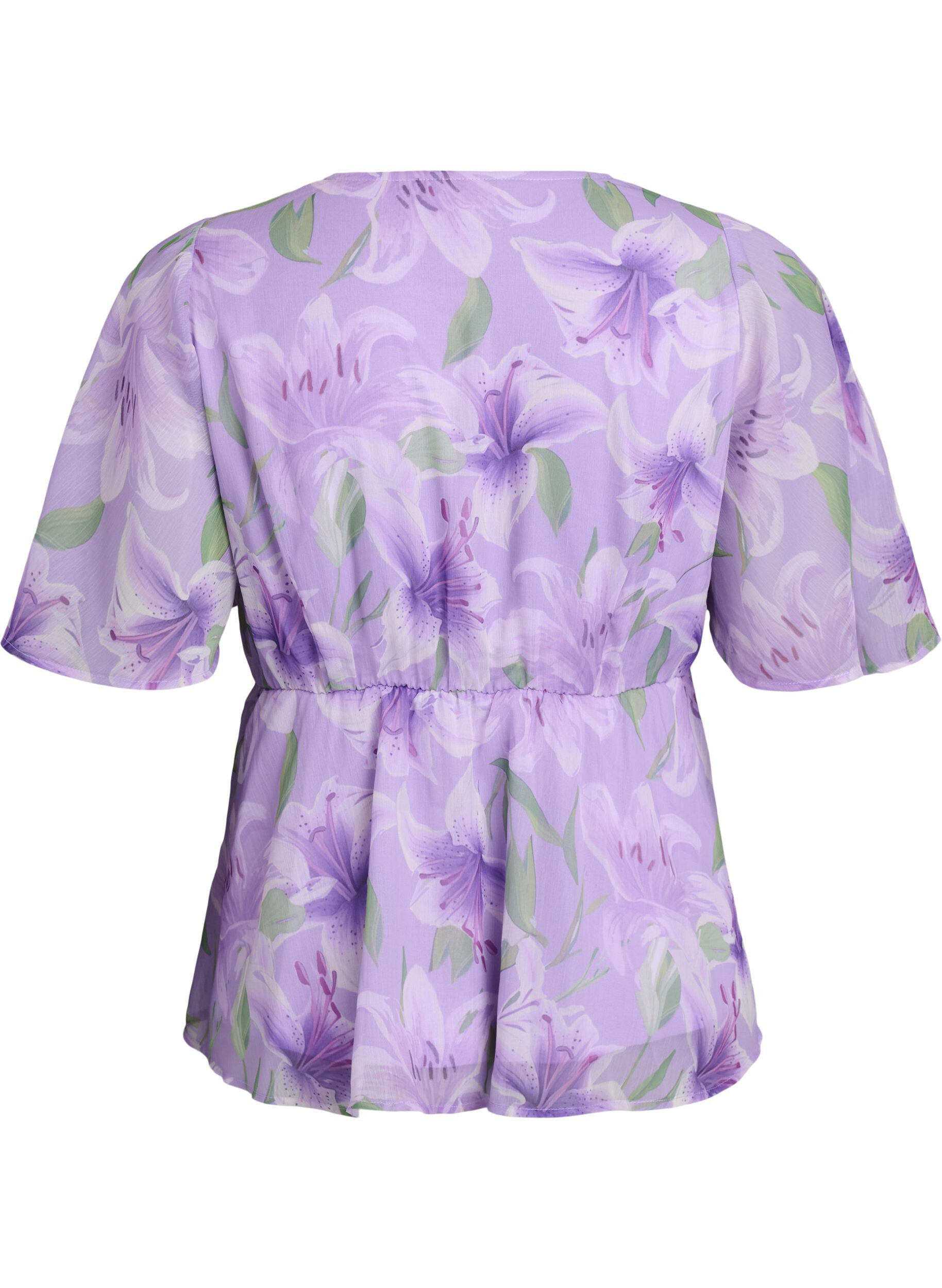 ZizziBluse i blomstrete chiffon med korte ermer, Lilla, Packshot image number 1