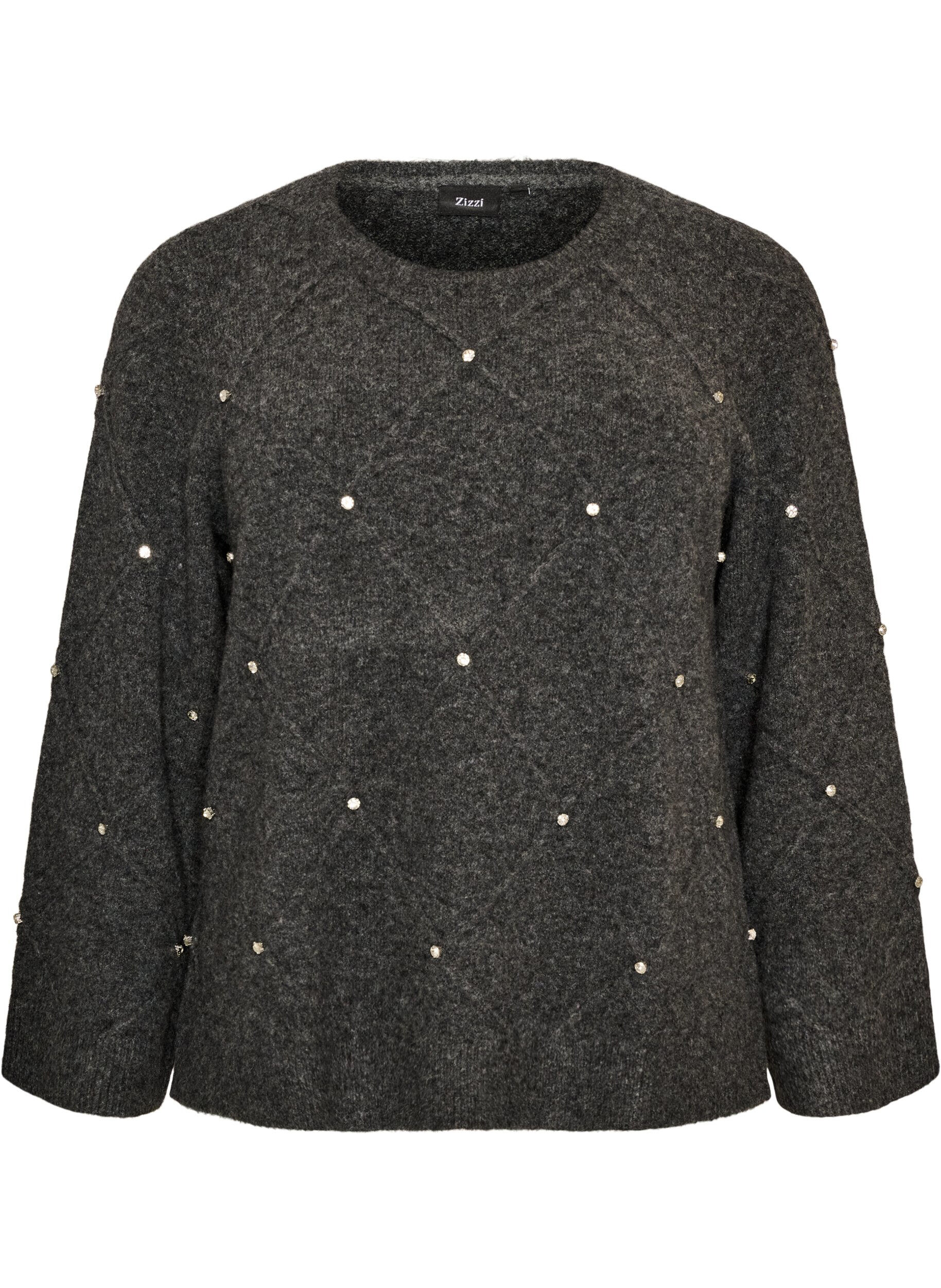 ZizziStrikkebluse med rhinesteiner og diamantm&oslash;nster, Gr&aring;, Packshot image number 0