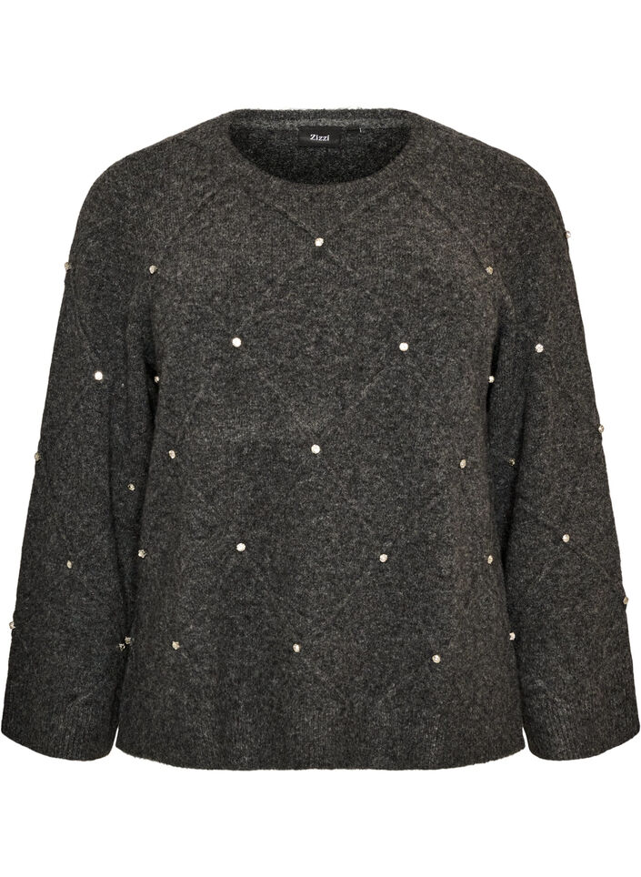 Strikkebluse med rhinesteiner og diamantm&oslash;nster, Gr&aring;, Packshot image number 0