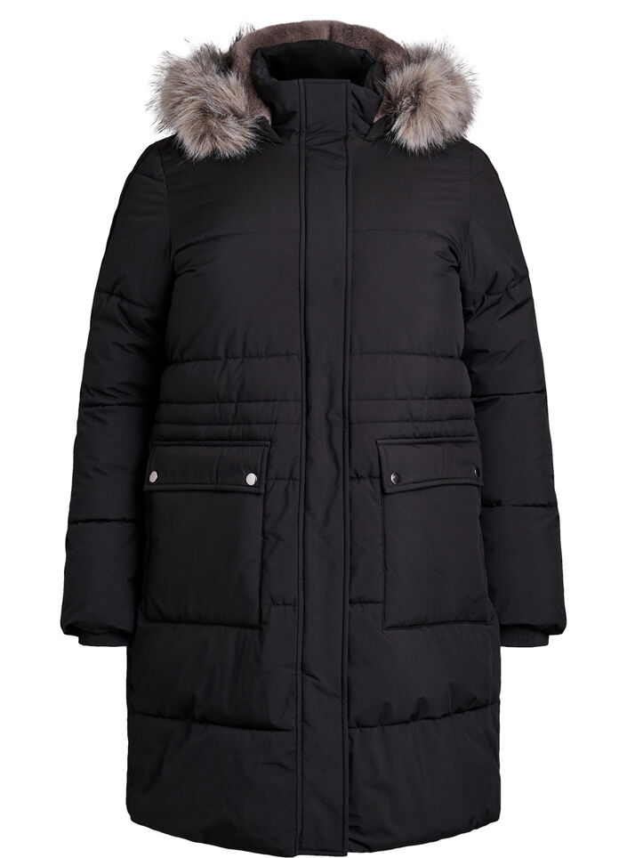 Vannavstøtende parkas med imitert pelskrage, Svart, Packshot image number 0