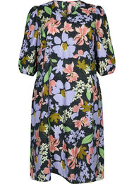Blomstrete midikjole i viskose med 3/4-ermer, Purple Green Flower