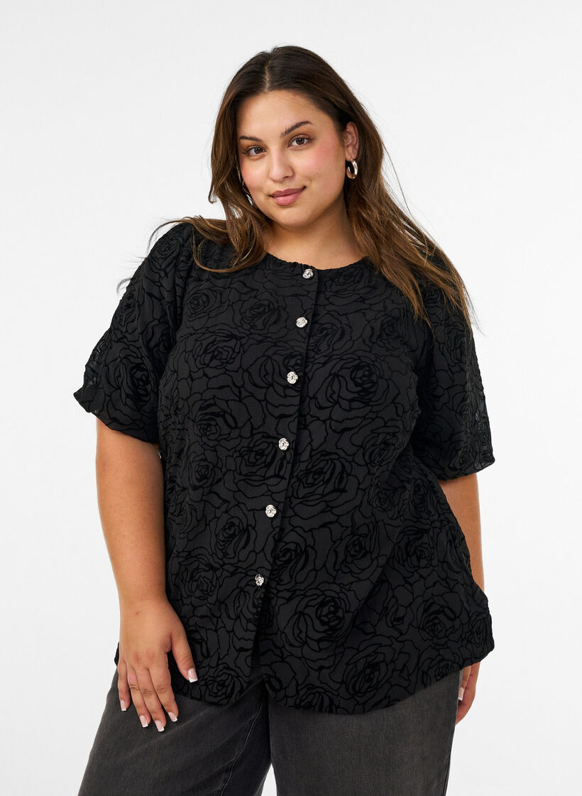 Bluse med blomstertrykk og ballongermer, Svart, Model image number 0