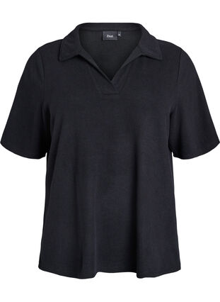 Zizzi Jerseybluse med krage og korte ermer, Svart, Packshot image number 0