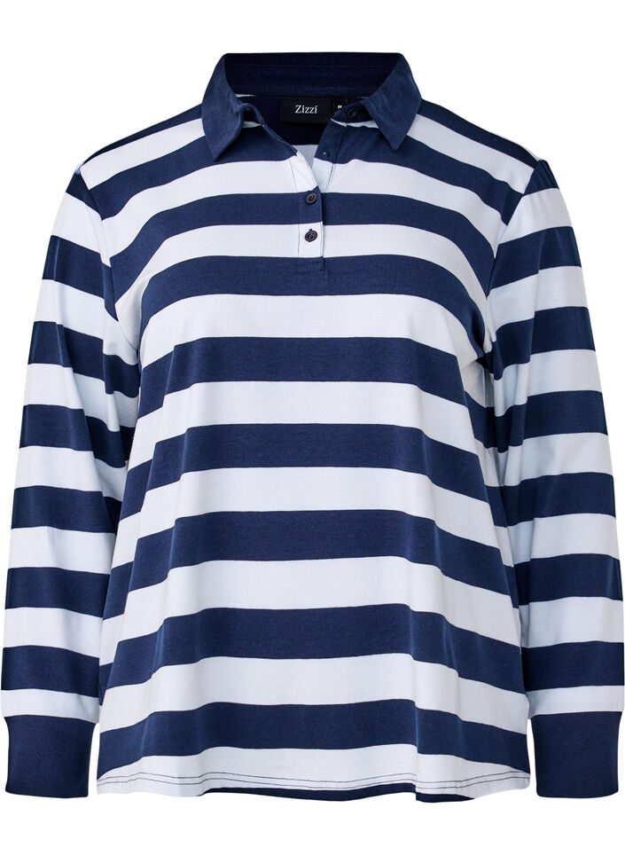 Langermet poloskjorte med striper, Blå, Packshot image number 0