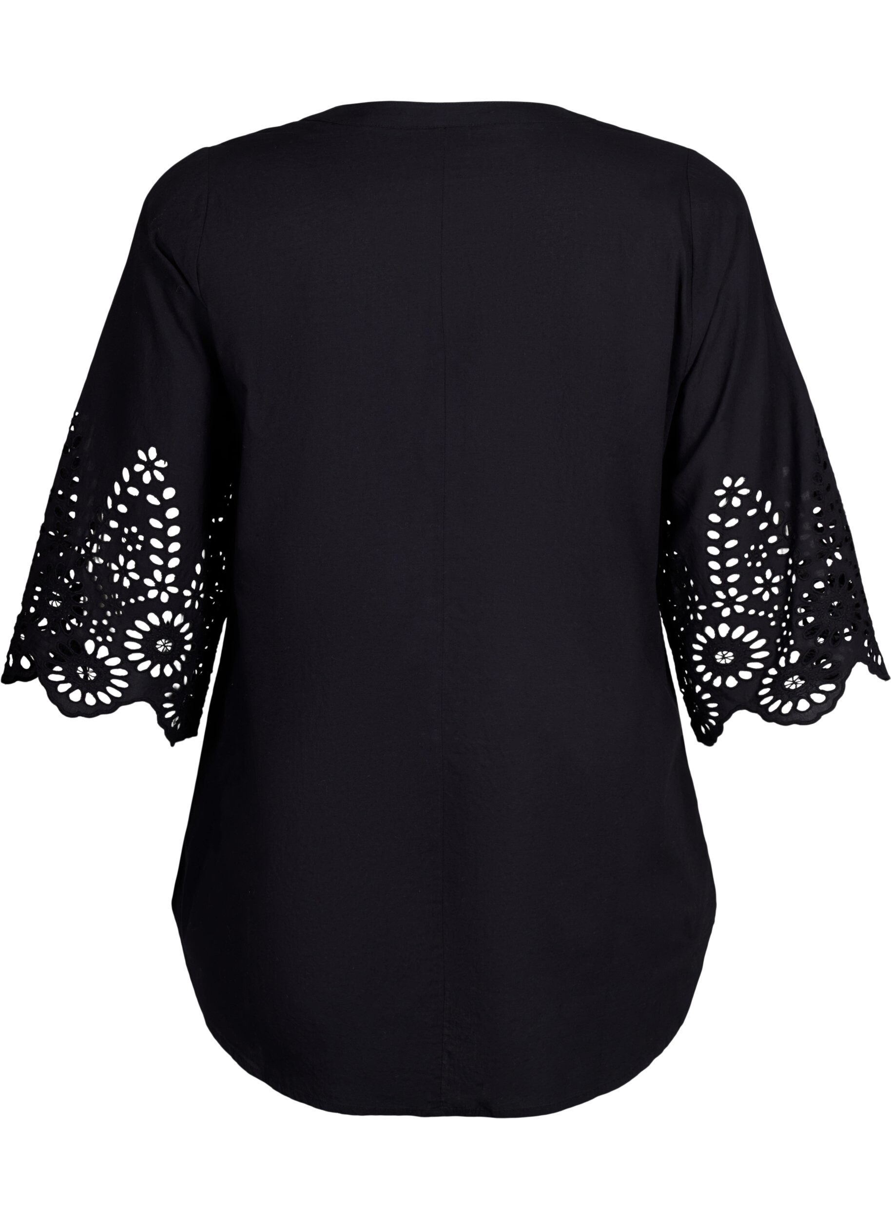 Zizzi Skjortebluse med engelsk broderi og 3/4-ermer, Black, Packshot image number 1