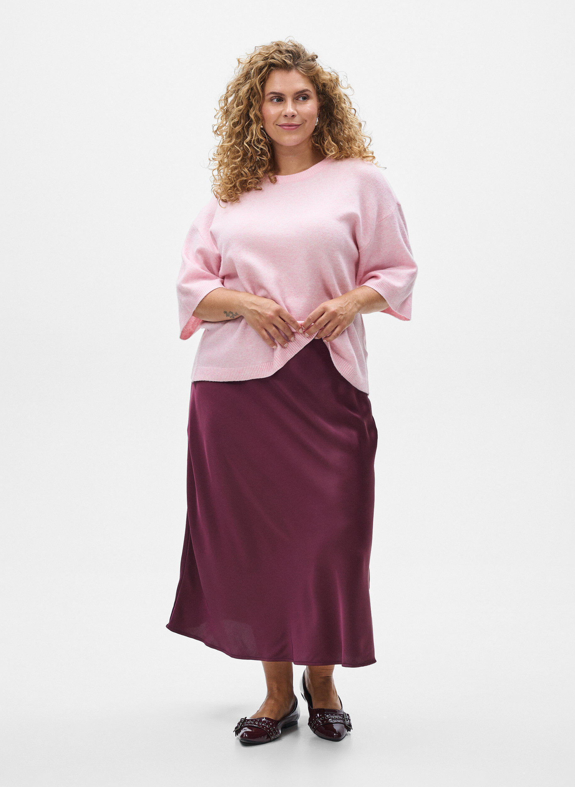 ZizziL&oslash;s strikket bluse med korte ermer, Rosa, Model image number 1