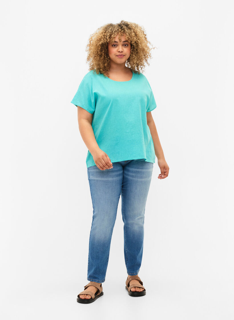 Kortermet bluse i bomullsblanding med lin, Turquoise, Model image number 2