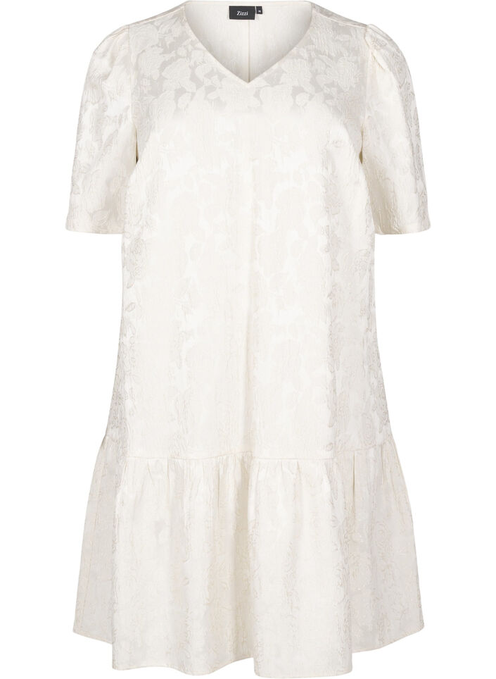 Knelang jacquard kjole med korte ermer, Whisper White, Packshot