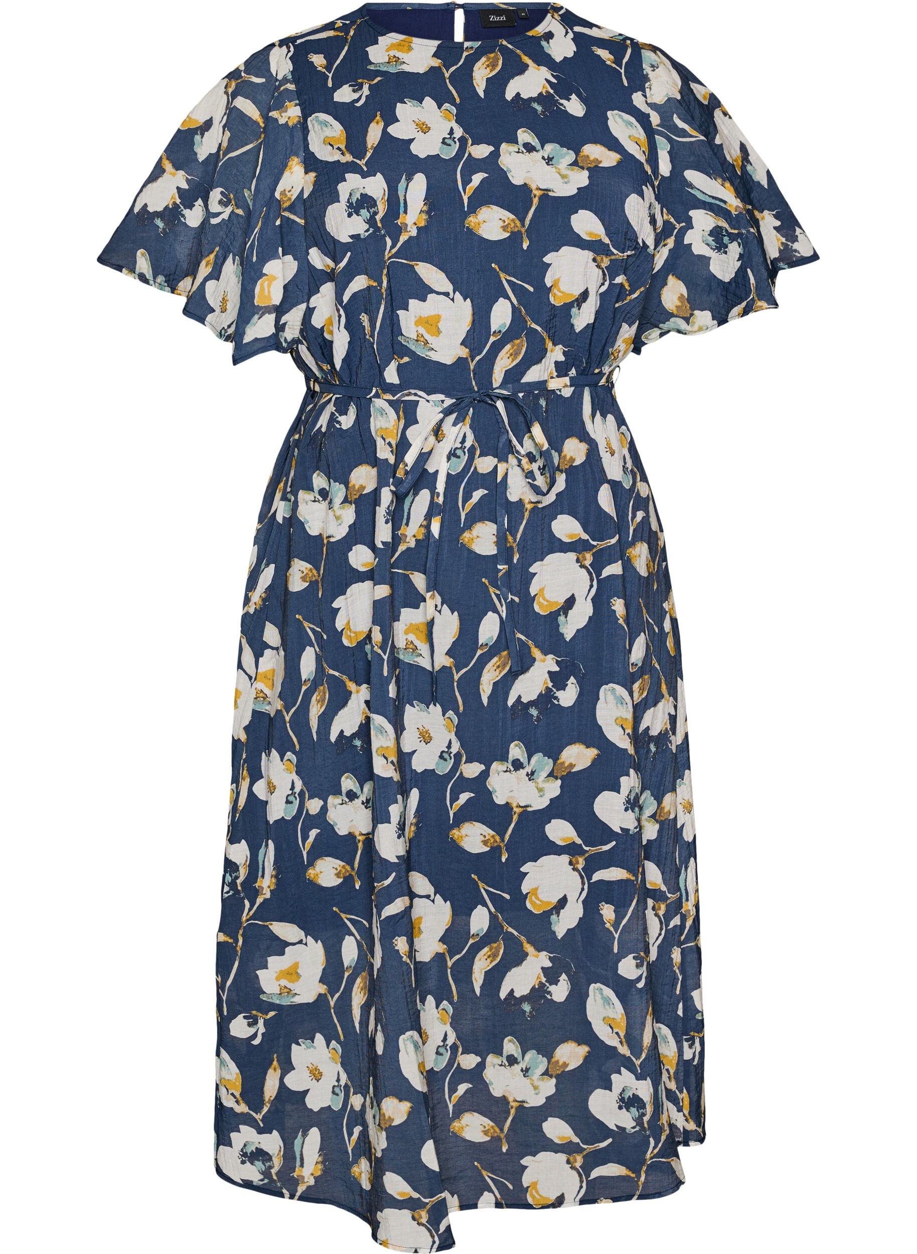 Ankellang kjole med flagrende ermer og knytebelte