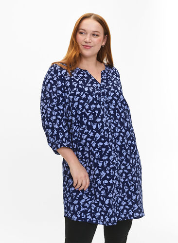 Zizzi Blomstret tunika med 3/4 ermer, M. Blue Flower AOP, Model image number 0