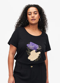 T-skjorte i bomull med motiv, Black w. Face Foil, Model