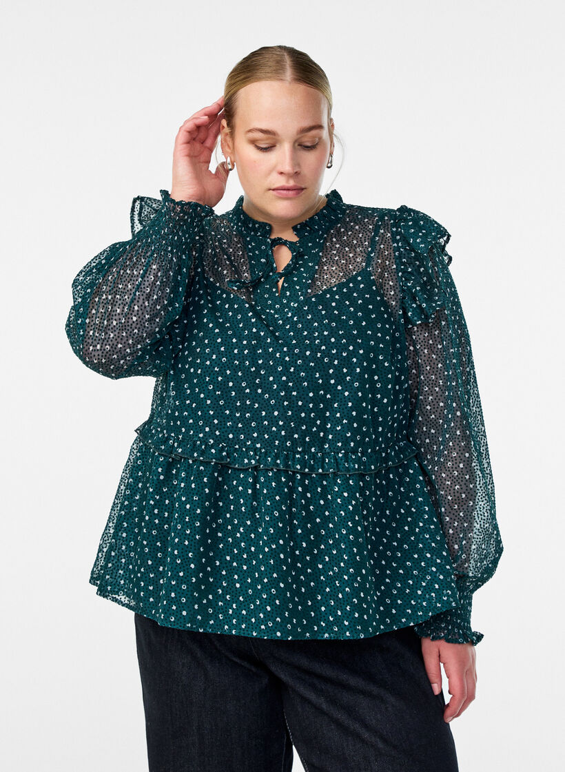 Chiffonbluse med volangdetaljer og små prikker, Grønn, Model image number 0