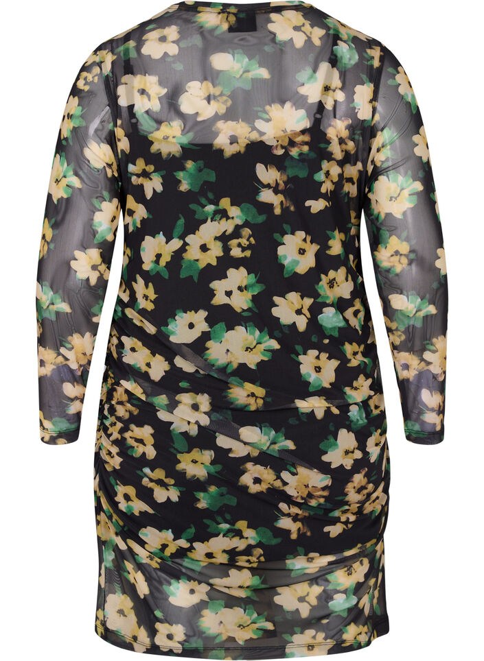 Tettsittende meshkjole med 3/4-ermer, Yellow Green AOP, Packshot image number 1