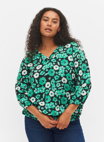 Blomstrete bluse i viskose med smock, Green Flower AOP, Model image number 0