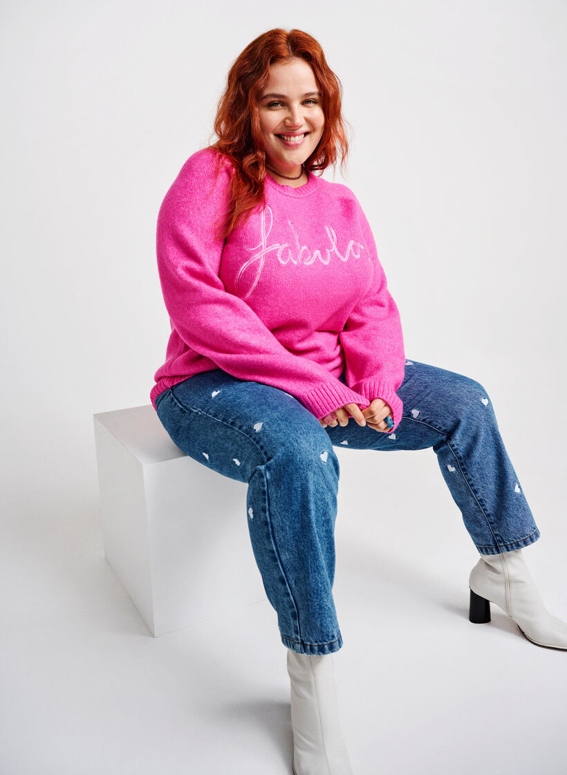 Strikket bluse med brodert tekst, Raspberry Rose, Image image number 0