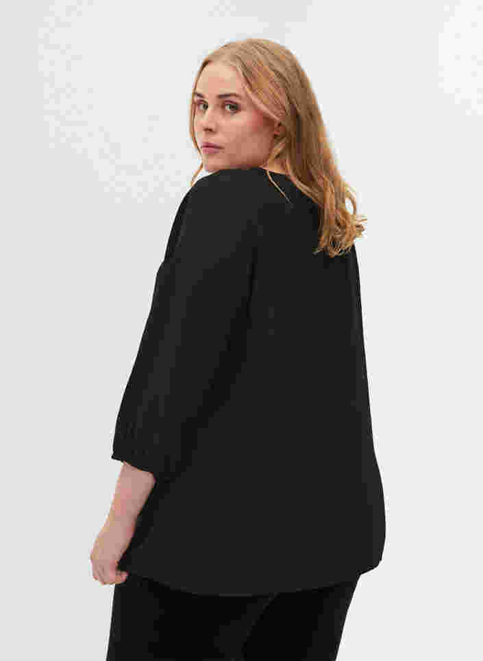 Ensfarget bluse med blonder og 3/4-ermer, Black, Model image number 1
