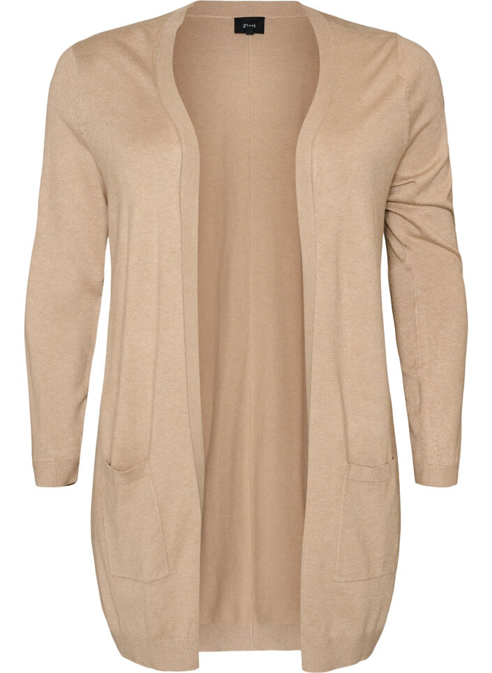 Lang strikkecardigan i viskoseblanding, Beige, Packshot image number 0