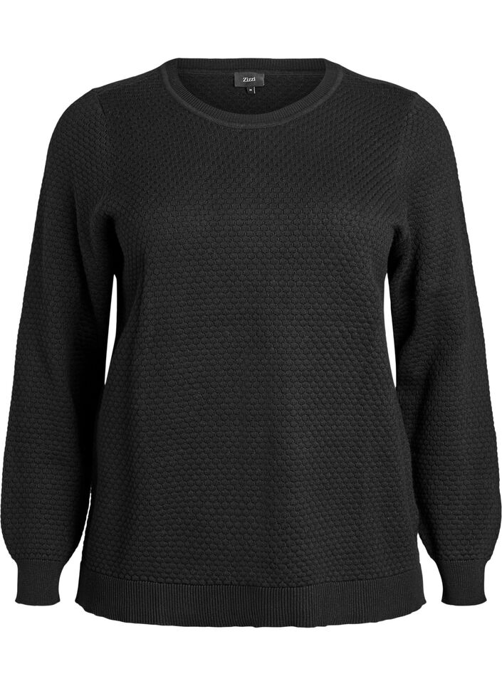 Strikkebluse i bomull med strukturmønster, Svart, Packshot image number 0