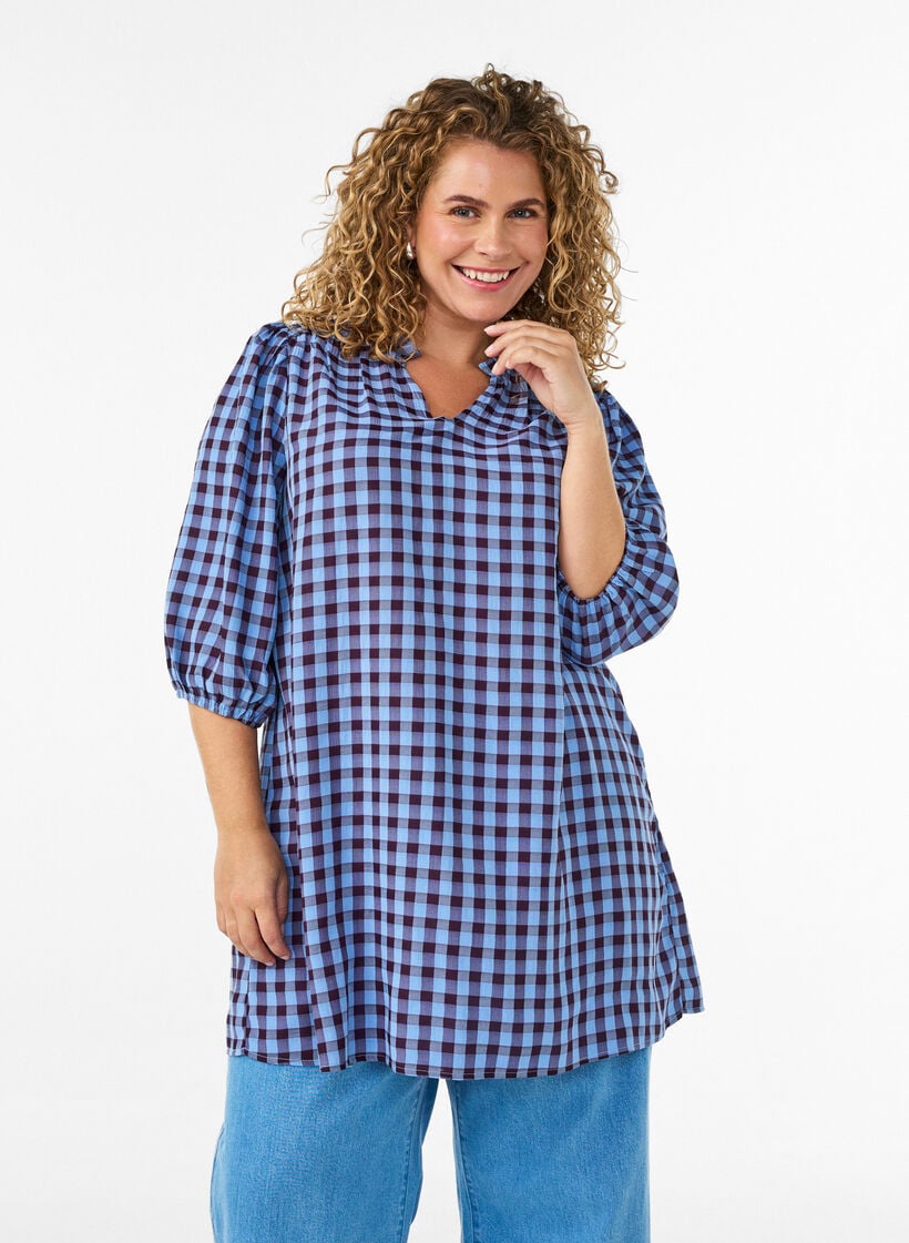 Tunika med gingham-sjekk og volangkrage, Bl&aring;, Model image number 0