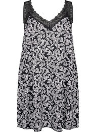 Stroppkjole i viskose med blonder, Black w. Wh.Leaf AOP