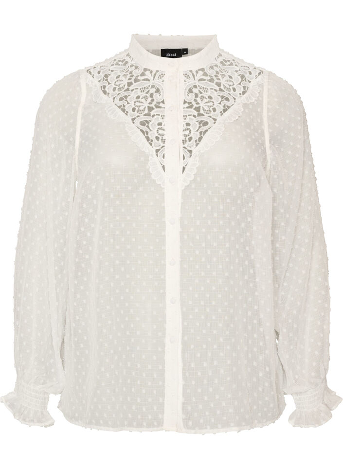 Skjortebluse med blondeinnlegg og prikkem&oslash;nster, Vanilje, Packshot image number 0