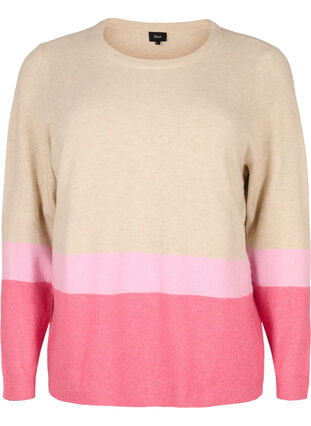 Stripete strikkegenser med rund hals, Hot Pink Comb, Packshot image number 0
