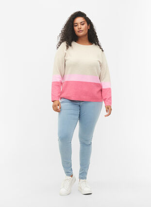 Stripete strikkegenser med rund hals, Hot Pink Comb, Model image number 2