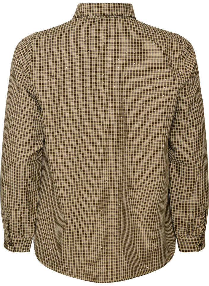Skjorte med sm&aring; rutem&oslash;nstre og rhinesteiner, Brun, Packshot image number 1