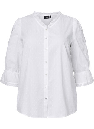 Strukturmønstret skjortebluse med engelsk broderi, Bright White, Packshot image number 0