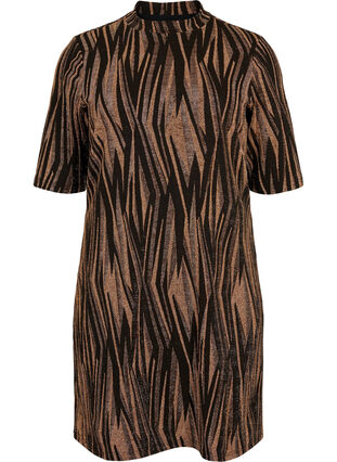 Mønstret kjole med glitter og korte ermer, Black w. Copper, Packshot image number 0