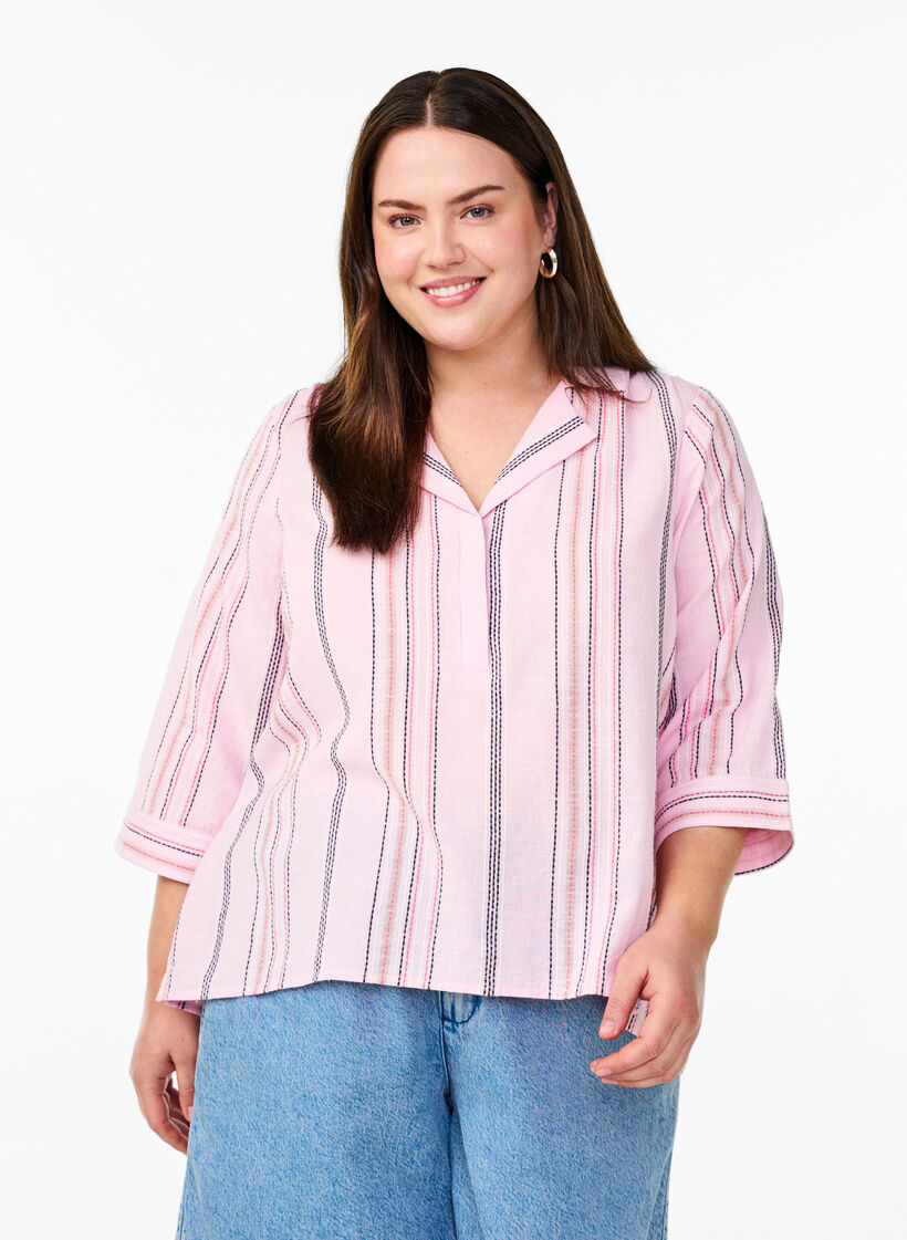 Bluse med krage og 3/4 ermer, Rosa, Model image number 0
