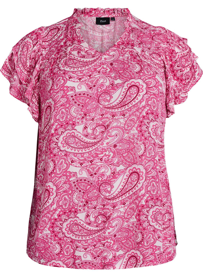 M&oslash;nstret viskosebluse med volangdetaljer, Rosa, Packshot image number 0